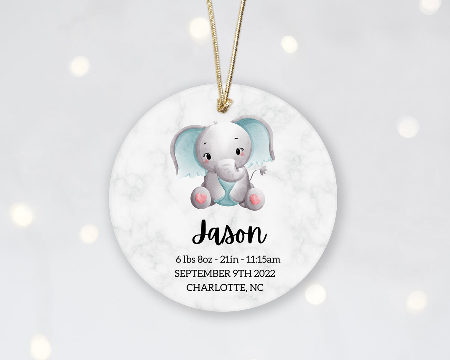Baby's First Elephant Boy Christmas Ornament - Personalized Baby Stats First Christmas Ornament - Custom Baby Ceramic Christmas Ornament