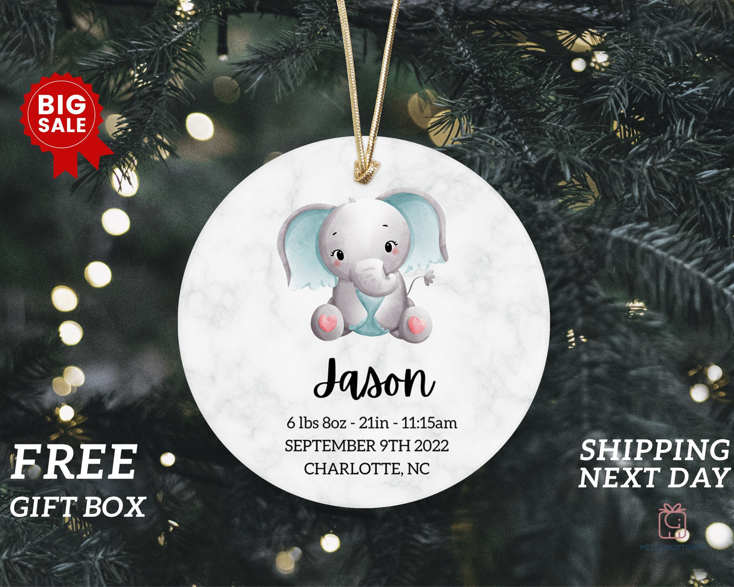 Baby's First Elephant Boy Christmas Ornament - Personalized Baby Stats First Christmas Ornament - Custom Baby Ceramic Christmas Ornament