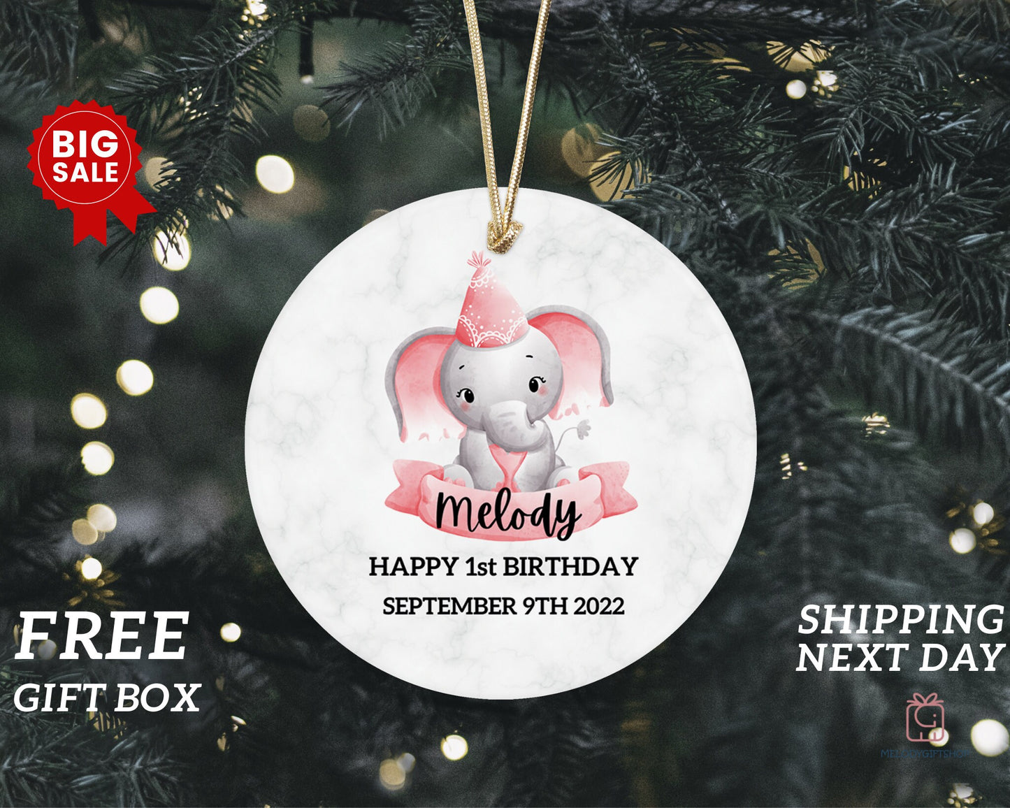 Personalized Baby's Elephant First Christmas Ornament - Baby Girl First Christmas Ornament - Custom Baby Ceramic Christmas Ornament 2023