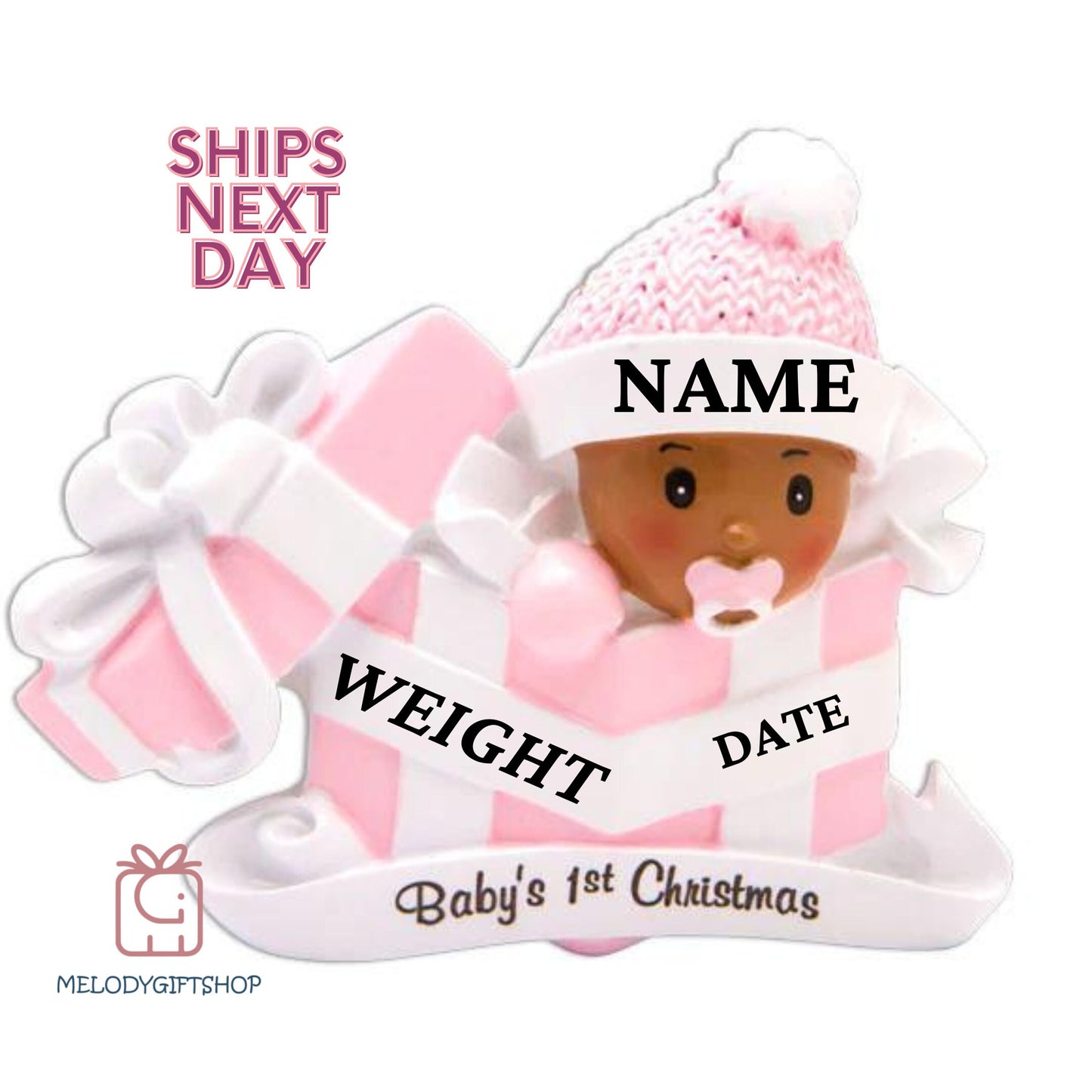 Girl Baby's 1st Christmas Ornament - Brown African American Baby Girl Christmas Ornament Black Baby Girl Present Personalized Baby Girl 2023