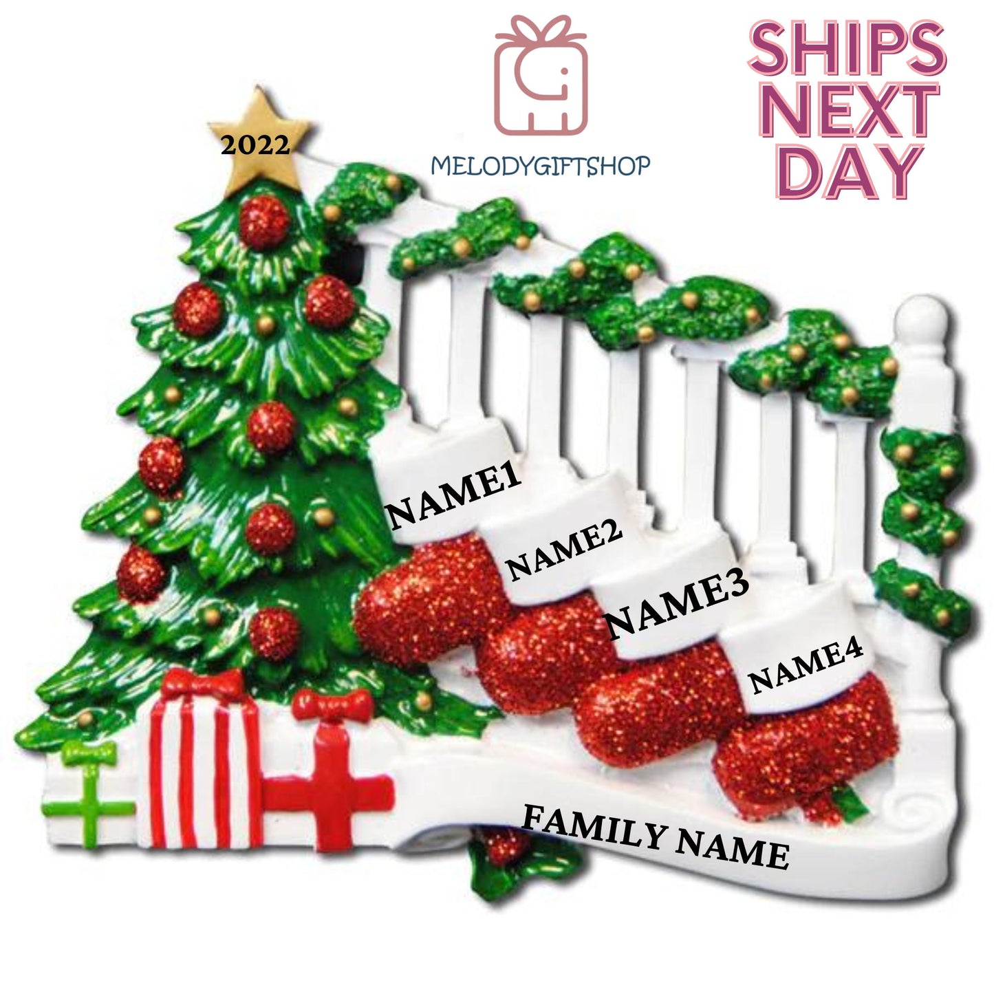 Stocking Family for 4 Christmas Ornament 2022 - Personalized Christmas Ornament- Personalized Gift 2022 Ornament Family Stocking