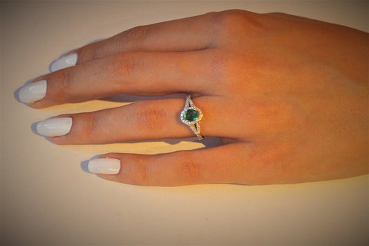 1 CT Green Emerald and Pave Band Diamond Ring