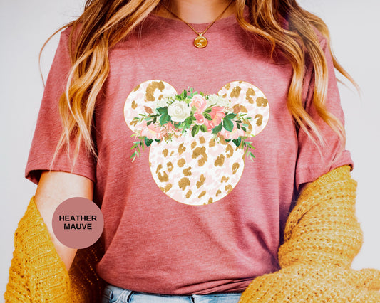 Flower Mickey Head Shirt,Disney Floral Leopard Design Shirt,Disney Floral Shirt,Minnie Leopard Shirt,Disney Shirt For Women